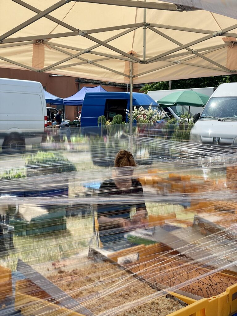 Photo: a trade stand under a bright tent. In the middle stands a woman. The booth is surrounded by a transparent film.