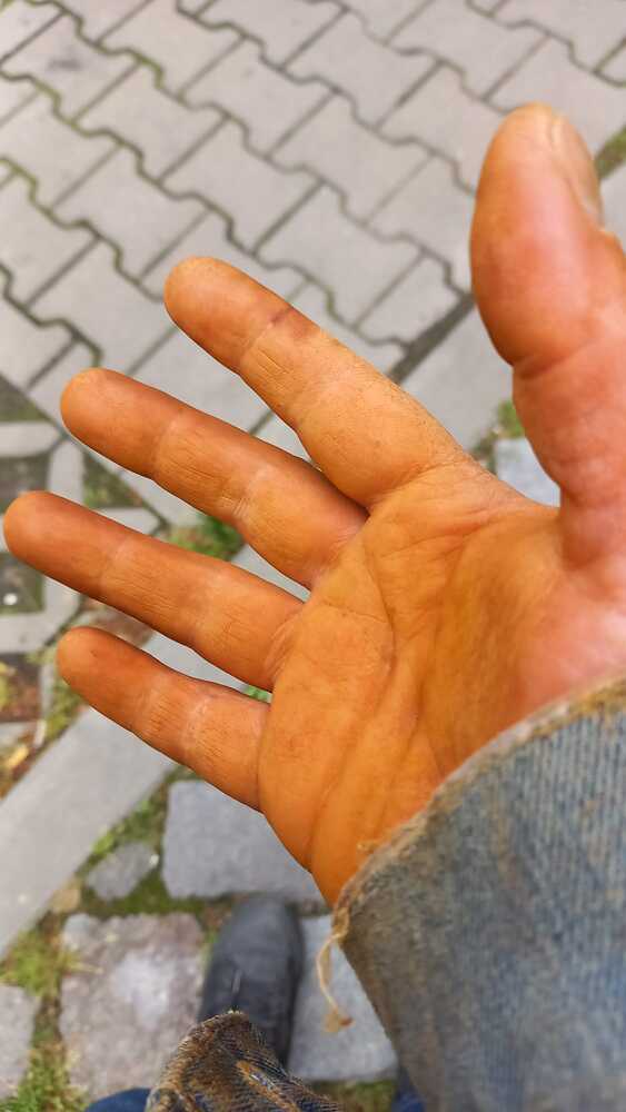 Zdjęcie: Wewnętrzna strona dłoni artystki. Dłoń jest cała żółta, od pracy z rdzą. 