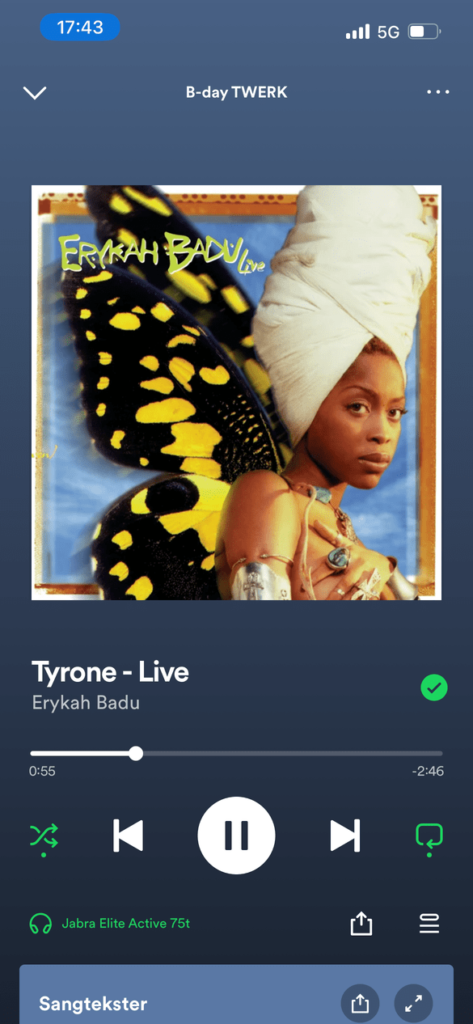 Screenshot from Spotify app, on the phone with song "Tyrone" by Eryk Badu. 